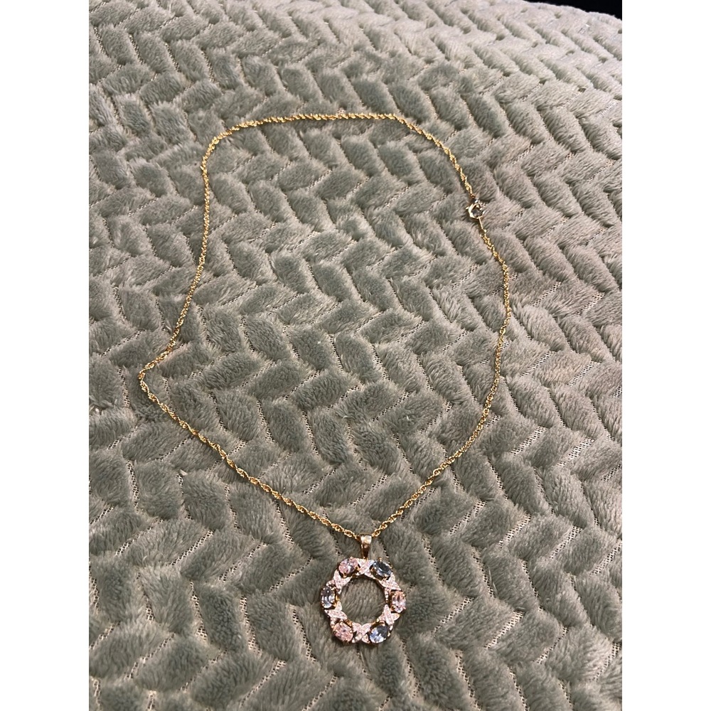 Gold Tone Wreath Pendant Necklace Pink Blue Oval Crystal Pave Accent Rope Chain